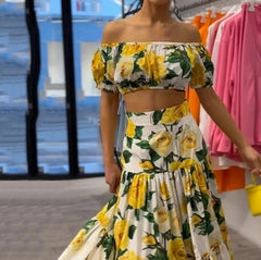 Hnewly  New Fashion Women's Skirt Set Summer Casual Simple Commuting Style One Shoulder Bubble Sleeves Print Two Piece Set