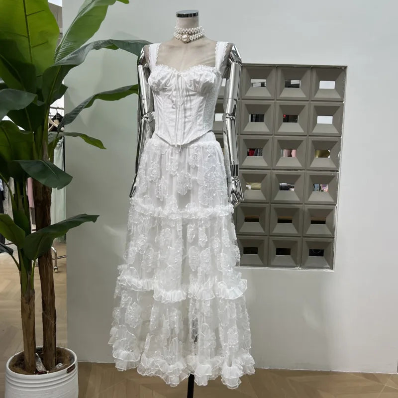 Hnewly Fashion Solid Color Lace 2 Piece Set Women's Sleeveless Vest Tops A Line Skirts 2025 Summer New Tide