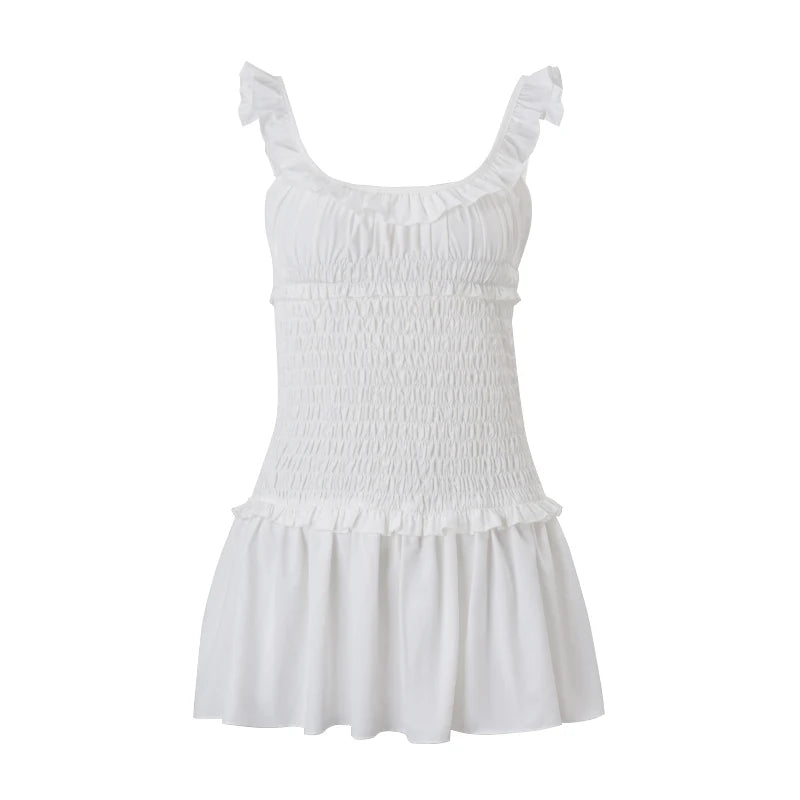 Hnewly Casual Off Shoulder Ruffle Halter Dresses Sexy Women's Sleeveless A line Mini Dress Summer Temperament Street Vestidos