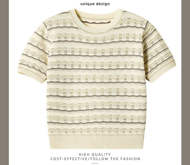 Hnewly  Hollow Out Ice Silk Knitted T-shirt Retro Round Neck Wave Pattern Short Sleeve Tee Women's Spring/Summer New Fashion Loose Top