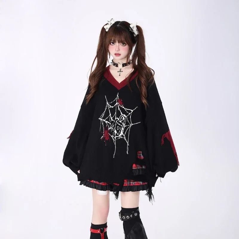 Hnewly  Gothic Y2k Sweater Women Harajuku Vintage Punk Long Sleeve Knitted Pullover Grunge Fashion Streetwear Oversize Sweaters