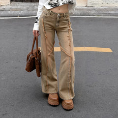 Hnewly  Vintage Frayed-edge Loose Jeans Women Casual Stragiht Denim Pants Y2K High Street Leg Trousers Harajuku Clothes Aesthet