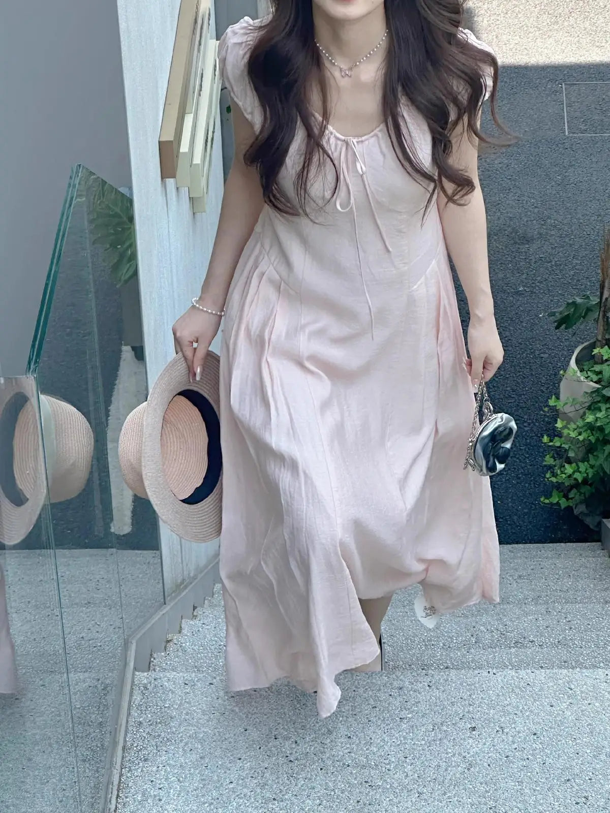 Hnewly  Retro Sweet Style Pink V-Neck Short Sleeve A-Line Maxi Dress Women's Summer New Waist-Cinching Slimming Long Dress
