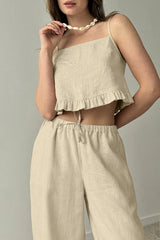 Hnewly   100% Cotton Ruffle Camisole And Loose Long Trouser Two Piece Set 2025 New Casual Summer Women Sets Homewear Sleepwear Pajamas