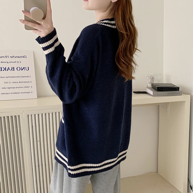 Hnewly  Women Cardigan Sweater Varsity Striped Front Pocket Long Sleeve Button-up Knit Sweater Jacket College Student Girl Preppy Style