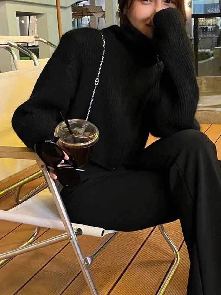 Hnewly  Zip Up Crop Sweater Cardigan for Women High Collar Zipper Front Short Knitted Jacket Autumn Winter Teen-girl Y2k 90s Outfit