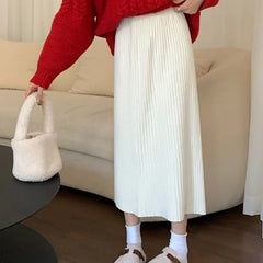 Hnewly  Elastic High Waist A-Line Skirts Women Autumn Winter Loose Ribbed Knitted Skirts for Woman Casual Solid Color Sweater Skirt Lady