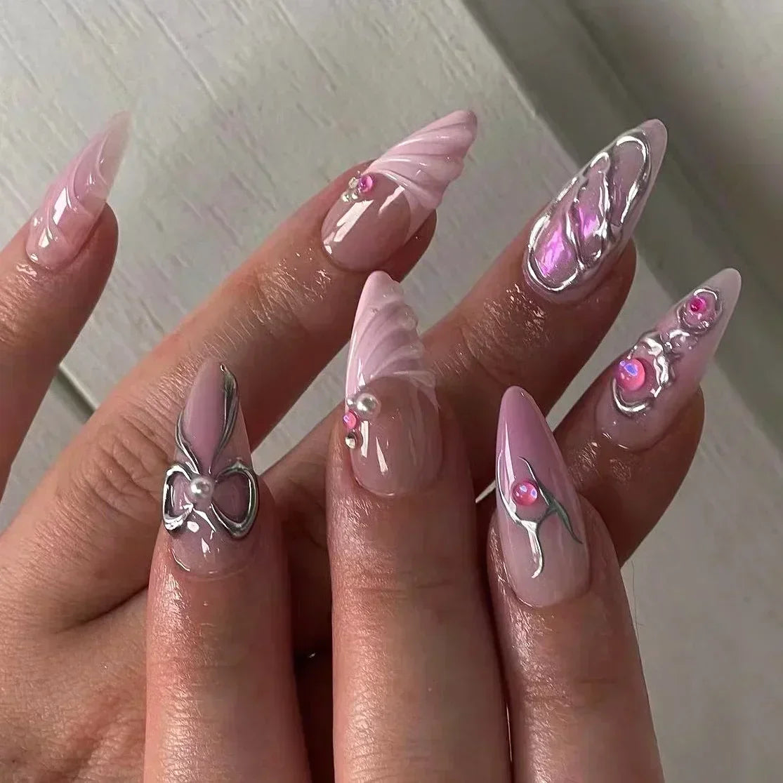 Hnewly 24Pcs Pink Almond French Press on Nails With 3D Bow ripple charms Design Fake Nails Ballerina False Nails Full Cover Nail Tips