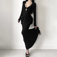 Hnewly  Elegant Lace Splicing Mermaid Dress Women Autumn V-neck Long Flare Sleeve Slim Bodycon Vestidos Vintage Chic Evening Party Robe