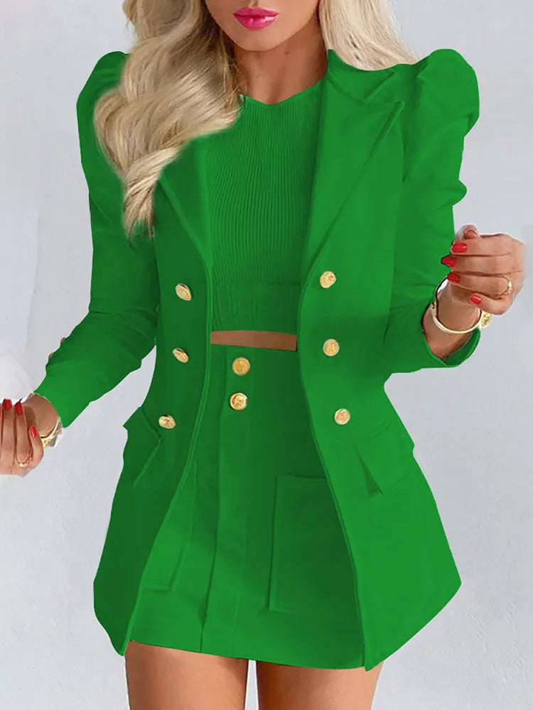 Hnewly Spring Autumn New Printed Suit Set Short Skirt Women's Temperament Slim Tops Coat + Half Mini Skirt Female Office Suit Sets Kirt