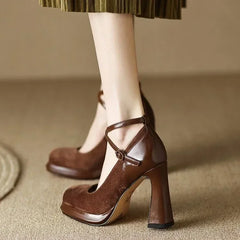 Hnewly Women's Autumn Footwear Heeled Shoes Woman 2024 Elegant Vintage Lolita Mary Jane Shoes Round Toe Chunky High Heels Party Shoes