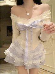 Hnewly  France Sweet Square Neck 2-piece Set Women Fashion Cute Long Sleeve Bow Slim Lace Tops Female Design High Waist Short Skirt