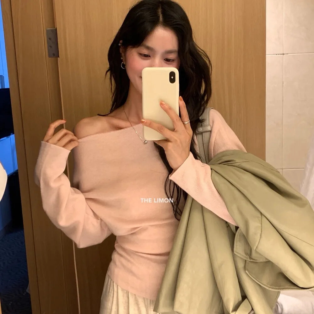 Hnewly  Off The Shoulder Knit Top Pullover Women Lightweight Thin Long Sleeve Plain Jumper Knitwear Autumn Winter Y2K Outfit