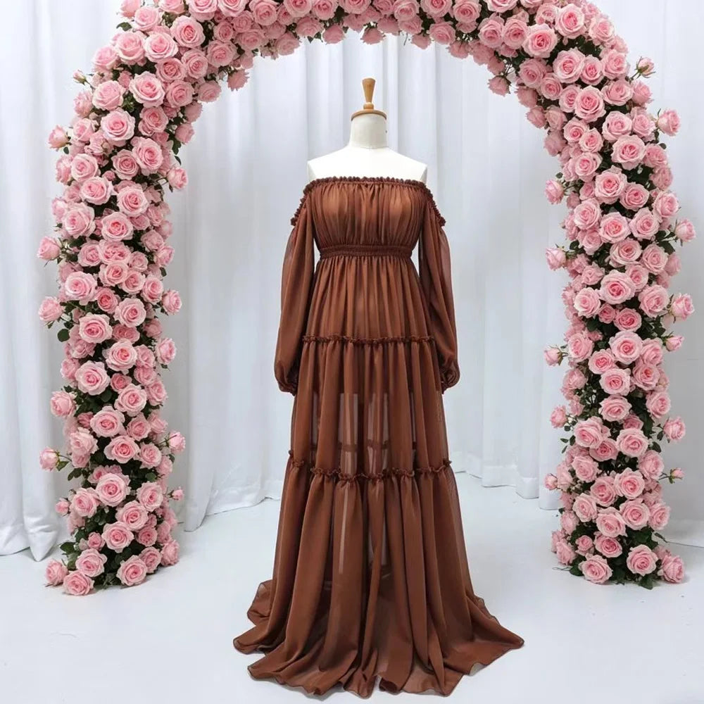 Hnewly  Bohemian Photo Shooting Pregnancy Dress Sexy Off Shoulder Long Sleeved Pleated Edge Chiffon Dress Photography Dress For Women
