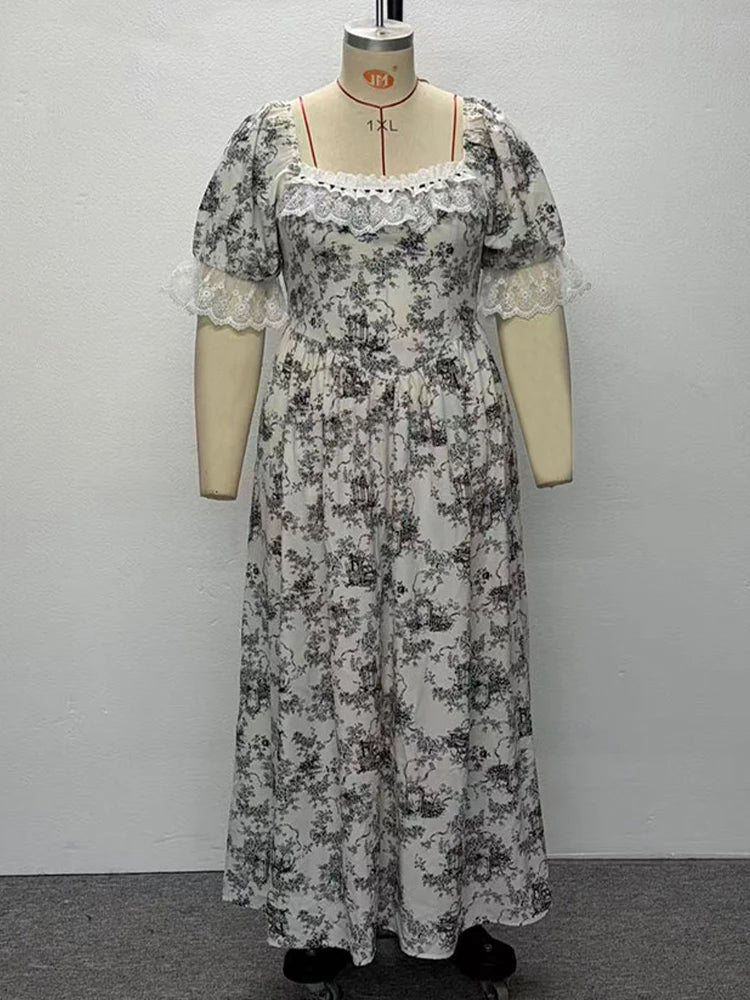 Hnewly  New Plus Size Botanical Print Long Dress Woman Square Neck Lace Short Puff Sleeves Slim Party Dresses French Cute Birthday Dress