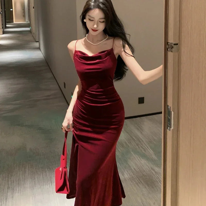 Hnewly Vintage Sexy Club Prom Red Dresses for Women Spaghetti Strap Slit Velvet Dress Beach Bandage Bodycon Midi Dress Party Elegant