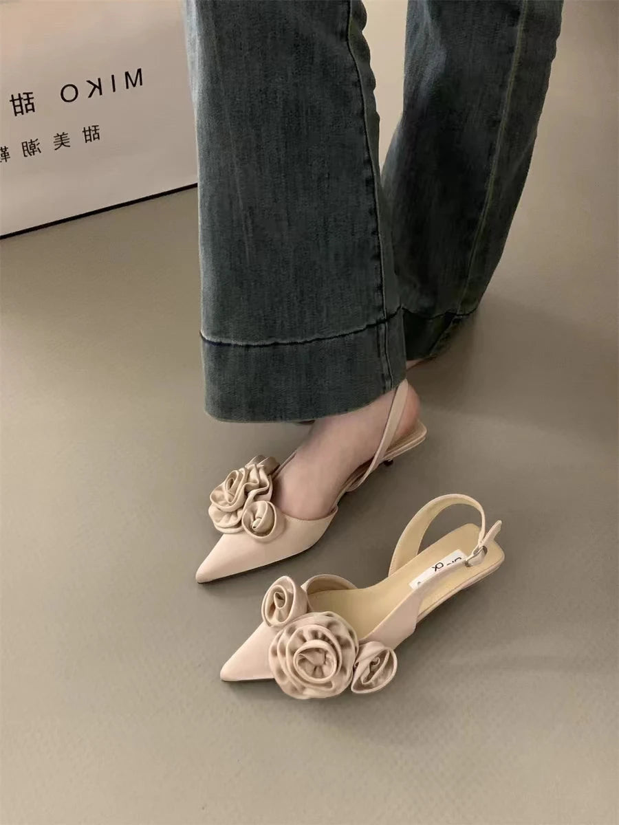 Hnewly New Brand Women Sandal Fashion Flower Ladies Elegant Dress Slingback Shoes Thin Low Heel Dress Mules Pumps