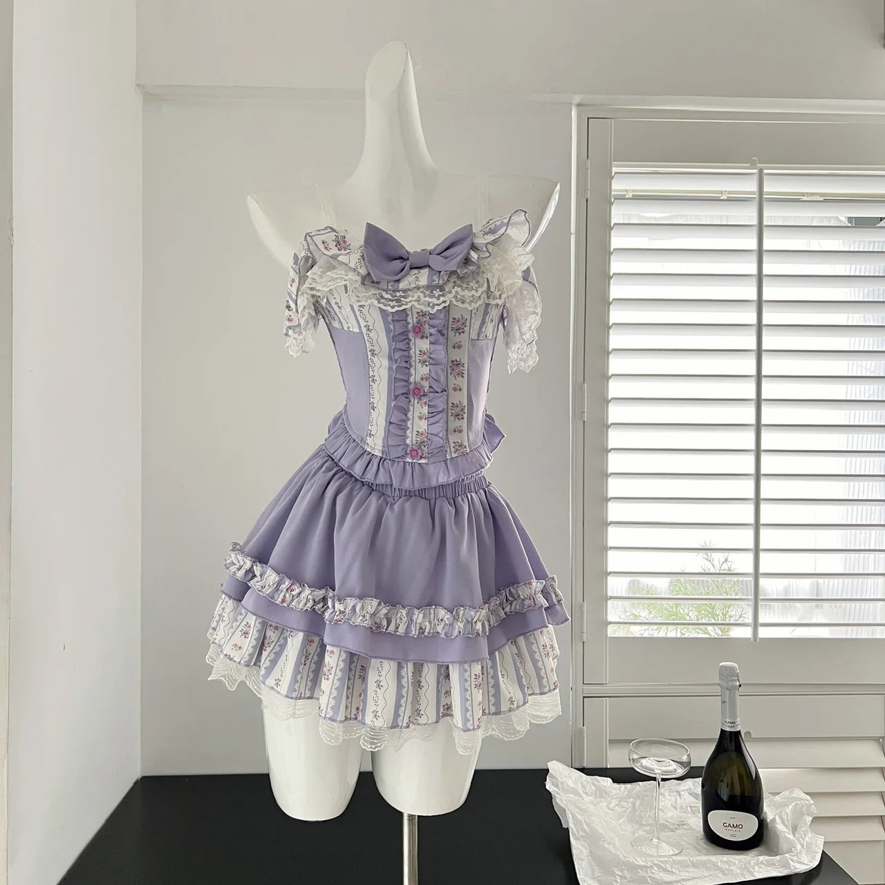 Hnewly Japanese Kawaii 2 Piece Skirt Sets Women Sweet Lace Patchwork Y2k Crop Tops + Slim Pleated Princess Skirt OutfitsVintage Suits