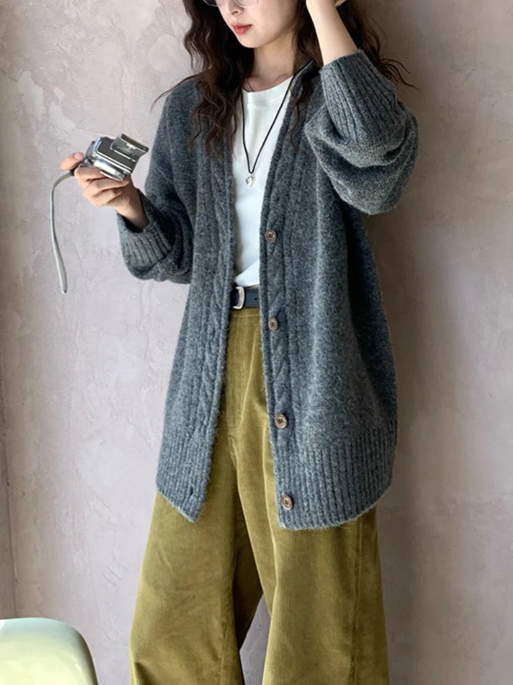 Hnewly  Slouchy Knit Cardigan Sweater for Women Comfy Cable-knit Button Up Sweater Jacket Female Autumn Winter Vintage Outfit