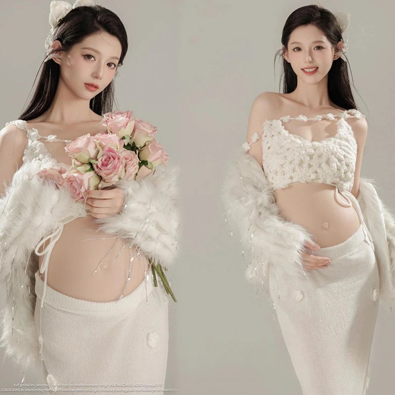 Hnewly  White Knitted 3pcs Maternity Photo Shoot Outfit Sweet Simple Set for Pregnant Women Studio Photography Portrait Shooting Clothes