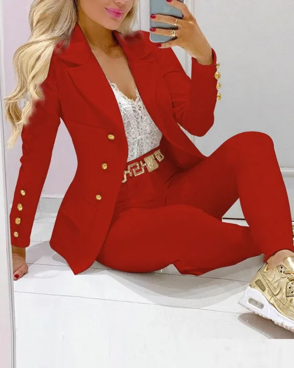 Hnewly Casual Solid Suit Coat Pants Set Office Lady Autumn Fashion Elegant Long Sleeve Top Trousers Two Piece Set Women Outfit