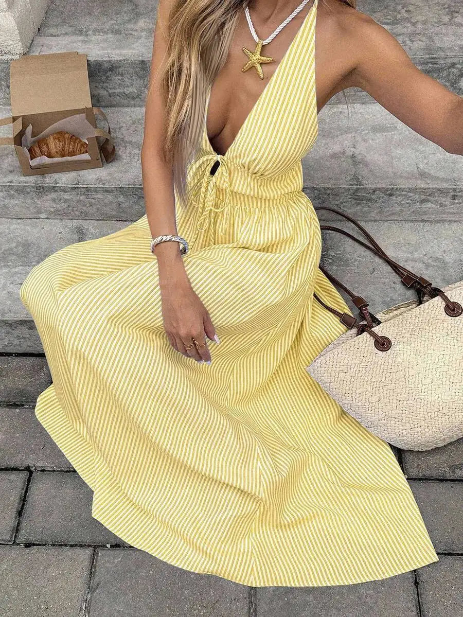 Hnewly  Summer Striped A-Line Halter Maxi Dress For Women Vacation Beach Style