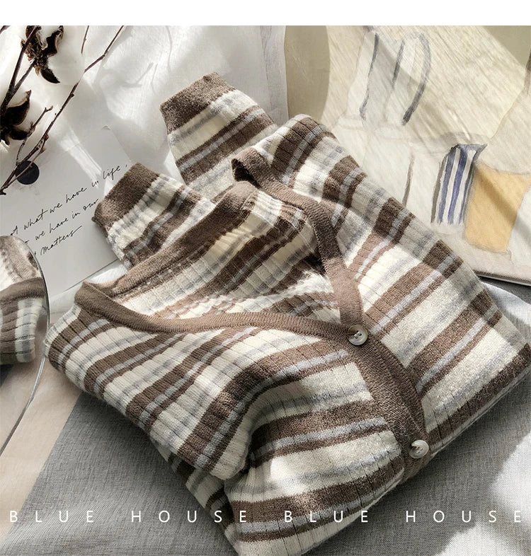 Hnewly  Women's Retro Striped Sweater Korean V-neck Contrasting Spring Autumn Long Sleeved Knitted Cardigan Coat  All-Matchded Loose Top