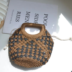 Hnewly  Luxury New Niche Retro Paper Rope Crochet Black Brown Patchwork Grass Woven Handbag for Women