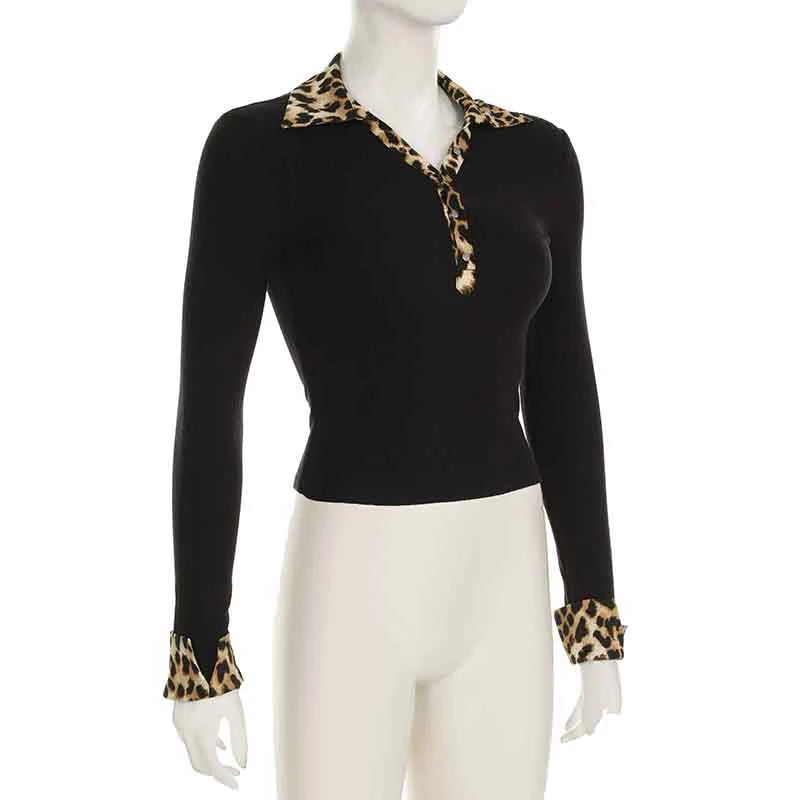 Hnewly y2k Tops Women Fairycore Clothes Sexy Leopard Print Lapel Collar Long Sleeve T Shirts 2000s Grunge Clothing Streetwear