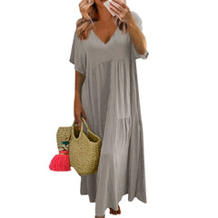 Hnewly  Summer Soft and Comfy Fashion V-neck Solid Color Large Size Loose Long Large Swing Short-sleeved Dress Basic Versatile Clothes