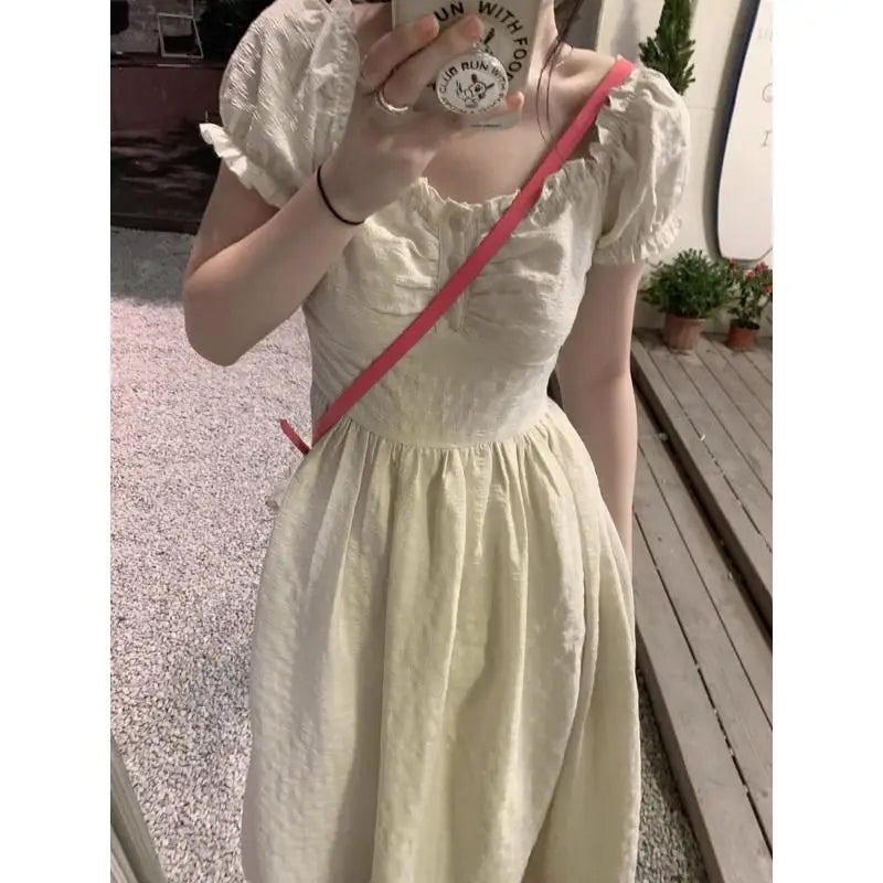 Hnewly  Woman Dress Puff Short Sleeve Square Collar Ruffles Patchwork Sweet Elegant Fashion Princess Female Casual Dresses