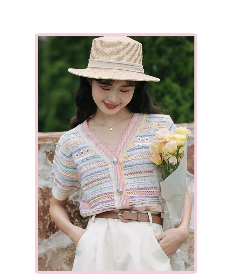 Hnewly Rainbow Striped Knitted Sweater For Women's 2025 Summer New  Thin Short Sleeved V-neck Hollow Out Holiday Sun Protection Top