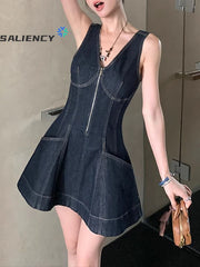 Hnewly  French Vintage Elegant Denim Mini Dress Summer Sleeveless for Woman High Waist Pleated Dresses Spring V Neck Party Dress