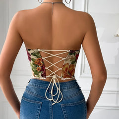 Hnewly  sweet floral print lace-up Chic  off shoulder Camis Slim Korean Tanks Top Elegant Basic Crop Top summer Women Bustier