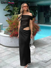 Hnewly  Ruched Irregular Dress Women Mesh Patchwork Slash Neck Short Sleeve Skinny Stretch Trend Elegant Long Bodycon Outfits
