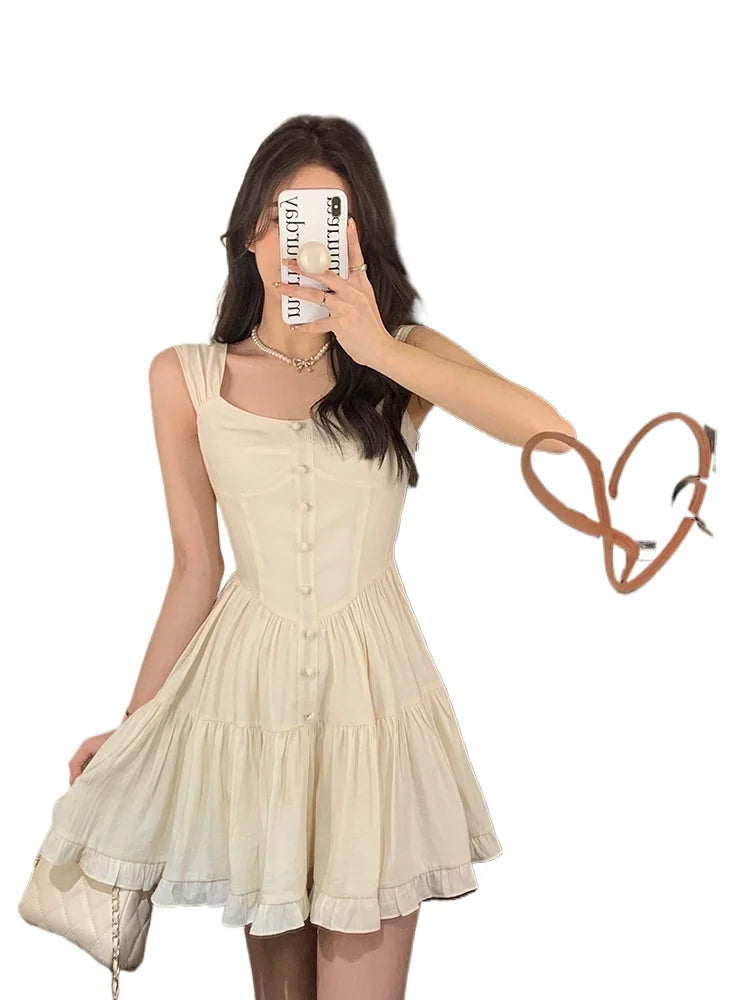 Hnewly DRESS TO IMPRESS Women Beige Dress Sexy Sweet Elegant Backless Ruffle Edge Mini Skirt Fashion Square Collar Lady Pleated Short Dresses Summer