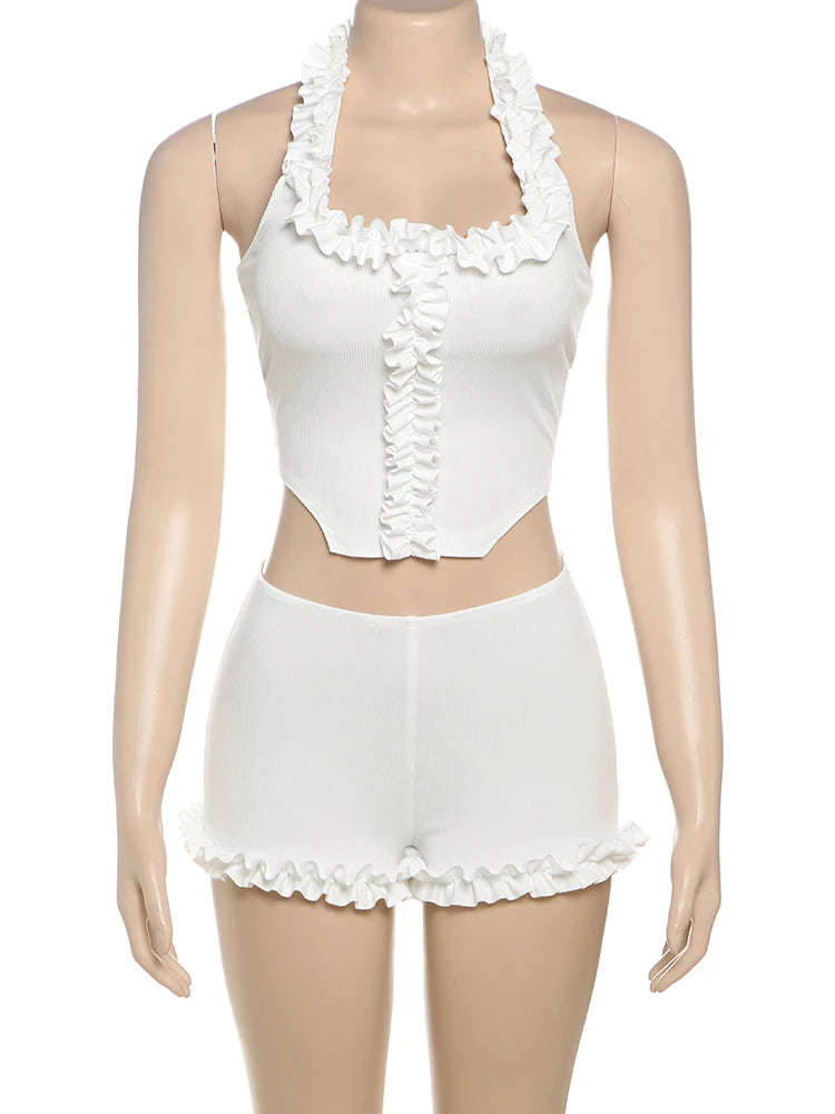 Hnewly  Ribbed Casual 2 Piece Set Women Ruffles Square Collar Backless Tank Tops+Skinny Shorts Versatile Style Trend Outfits