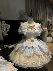 Hnewly  Japanese Cute Sweet Lolita OP Dress Kawaii Bow Lace Ruffles Cat Apron Short Puff Sleeve Dress Set Summer Women Clothing