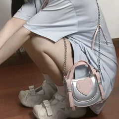 Hnewly  Silver Heart Chain Crossbody Designer Mini Bow Shoulder Bag Women Fashion Handbag Ladies Versatile Lipstick Purses Y2k Aesthetic