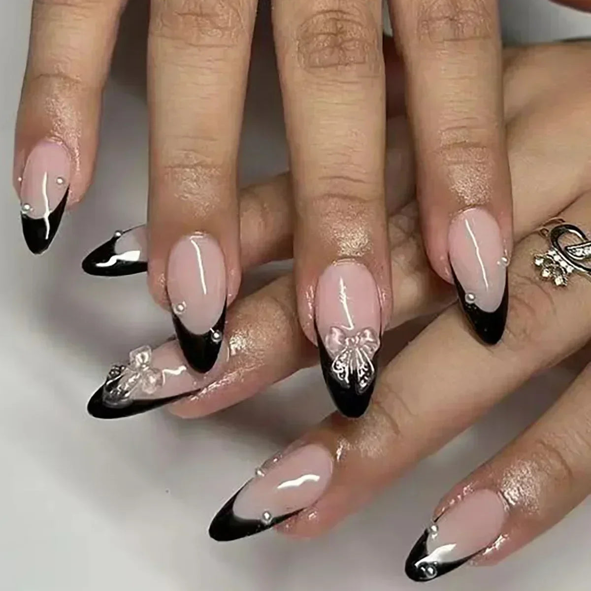 Hnewly 24Pcs Pink Almond French Press on Nails With 3D Bow ripple charms Design Fake Nails Ballerina False Nails Full Cover Nail Tips