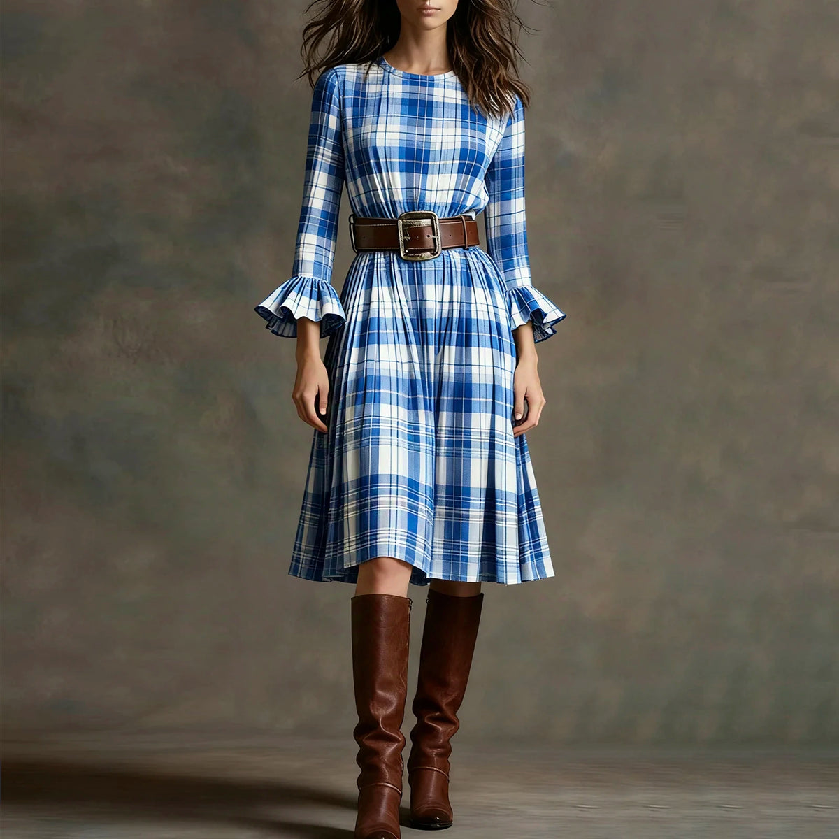 Hnewly  Ladies' Bohemian Style Temperament Pleated Skirt Fashionable Round Neck Plaid Print edRetro Long Sleeved Casual A-line Dress