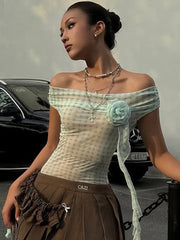 Hnewly Plaid Print Applique Tops Women Mesh See Through Off Shoulder Backless Tassel Hot Girls Street Fashion Trend T-Shirts