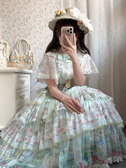 Hnewly  Princess Tea Party Sweet Elegant Dress New Summer Dresses Women's High-waisted Slimming Sleeveless Bow Lace Print Dress