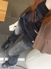 Hnewly  American Street Low-waisted Flare Pants Black Gray Gradient Denim Trousers Y2k Vintage Washed Straight Wide Leg