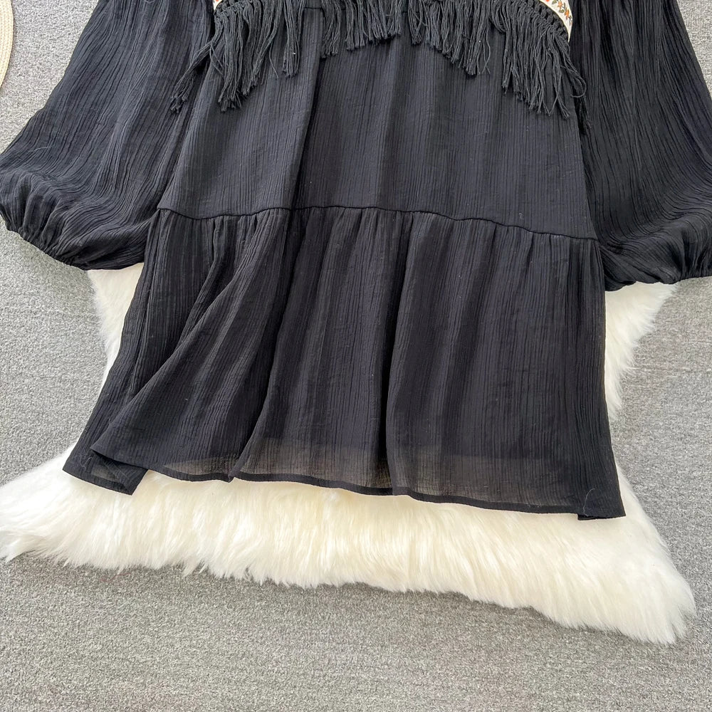 Hnewly  Tassel Patchwork V-neck Vacation Dress Sweet Lantern Sleeves Loose Mid Length A-line Dresses Elegant Embroidery Beach Vestido