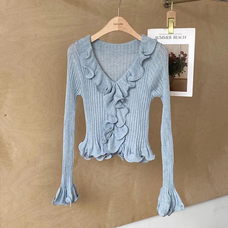 Hnewly  Women's Ruffled Sweater Long Sleeve Slim Fit Rib Knit Top Pullover Jumper Ladies Knitwear Autumn Winter Fairycore Outfit