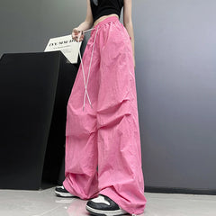 Hnewly  Streetwear Solid Color Pleated Cargo Pants Women Drawstring High Waist Pants Woman Casual Loose Pockets Sports Trousers Female