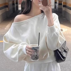 Hnewly  Spring and autumn pure color hoodie female temperament a line neck shoulder loose casual short long sleeve hoodie