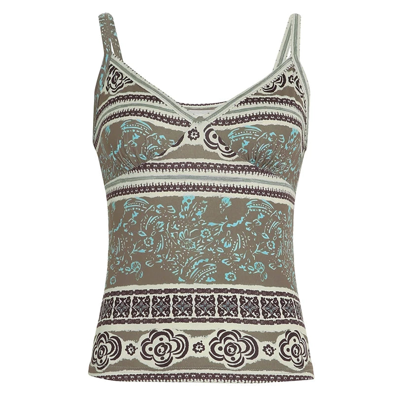 Hnewly Retro Print V-neck Camis Summer Holiday Graphic Sleeveless Skinny Crop Top Women Casual Vintage y2k Tees Streetwear Basic