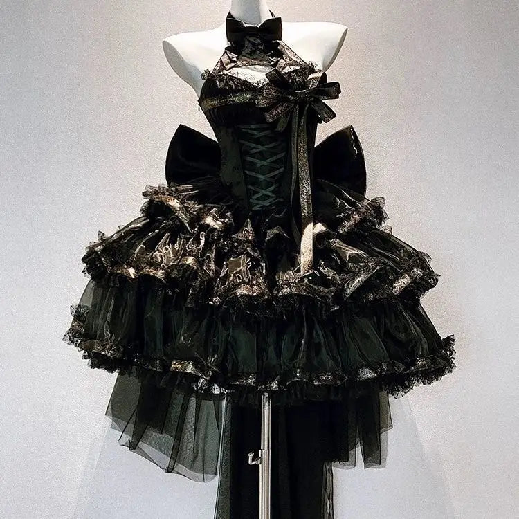 Hnewly  Gorgeous Lolita Gothic Style Ribbon Hanging Neck Slim Fit Black Mini Dress Women Romantic Bow Lace-up Princess Dresses